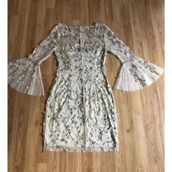 THEIA Hand-Beaded & Petal Applique 3/4 Bell-Sleeve Dress Women’s SIZE 4 - Picture 11 of 14